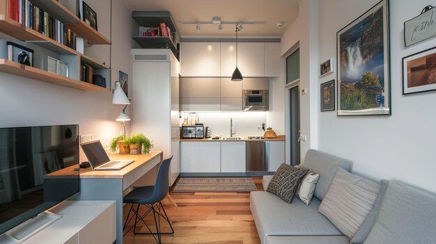 Stylish micro appartamento per uno con soggiorno aperto a casa ufficio e cucina Generative Ai