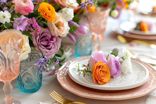 Stylish Outdoor Dining con accenti floreali in menta rosa rossa e lavanda