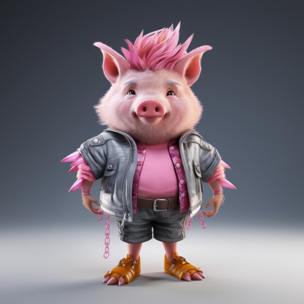 Stylish Pink Pig con Mohawk e giacca di pelle Vray Tracing Design