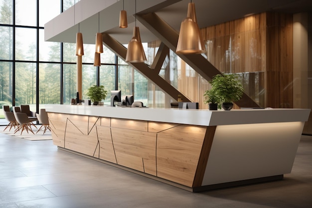 Stylish reception counter in un'area lobby contemporanea bianca e in legno