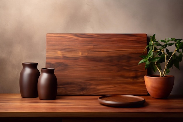 Stylish sfondo cucina marrone scuro con tavole da taglio in legno scuro e bellissima tazza marrone moderna