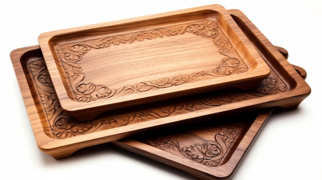 Stylish Wood Tray Collection su sfondo bianco