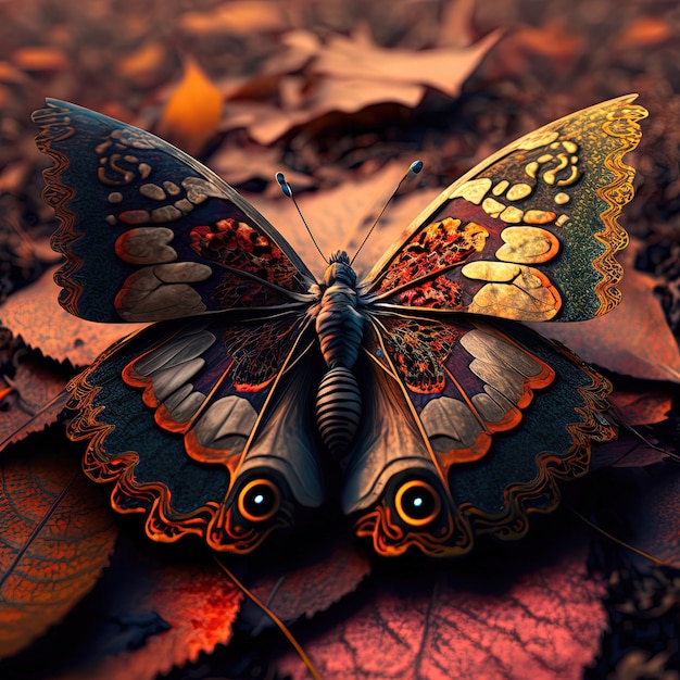 Su alcune foglie è posata una farfalla con una grande ala.