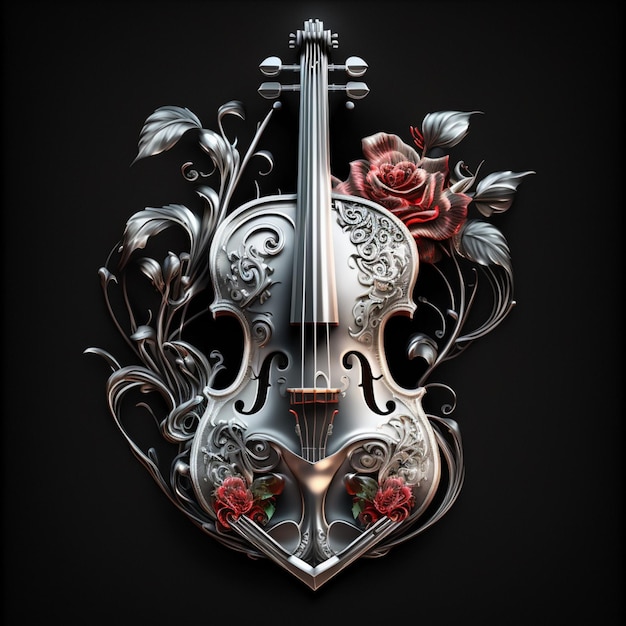 Su fondo nero è raffigurato un violino con rose e foglie.