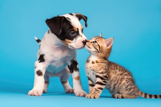 Su sfondo azzurro cielo Calico Kitten e cucciolo maculato Frolic baciare naso a naso IA generativa