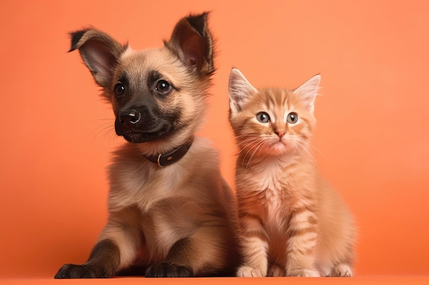 Su sfondo corallo, il piccolo cucciolo tiene il passo con l'intelligenza artificiale generativa del piccolo gattino