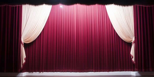 Su un palco è appeso un sipario rosso con sopra la parola teatro.