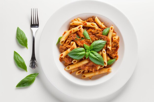 Su un piatto bianco su uno sfondo luminoso una porzione di pasta di penne condita con ragù di carne e basilico fresco Vista dall'alto dell'area di copia vuota