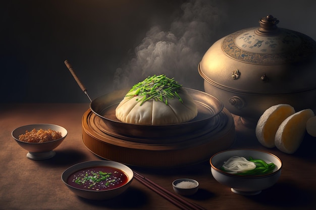 Su un piatto da portata e una vaporiera un baozi appetitoso, un panino di manzo al vapore cinese è pronto per essere consumato