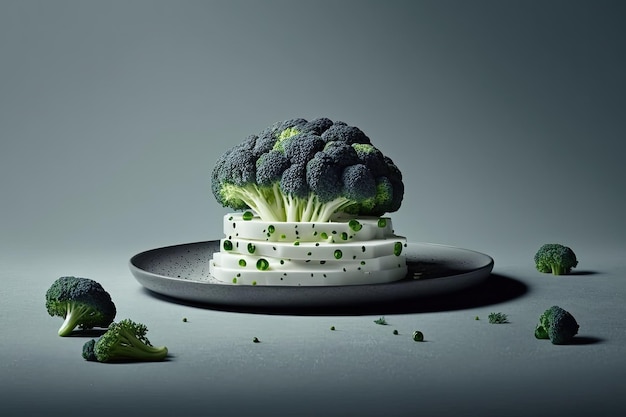 Su un piatto grigio su uno sfondo bianco si trova un mucchio di broccoli maturi appena affettati Piatti nutrienti Copia spazio in cima alla struttura