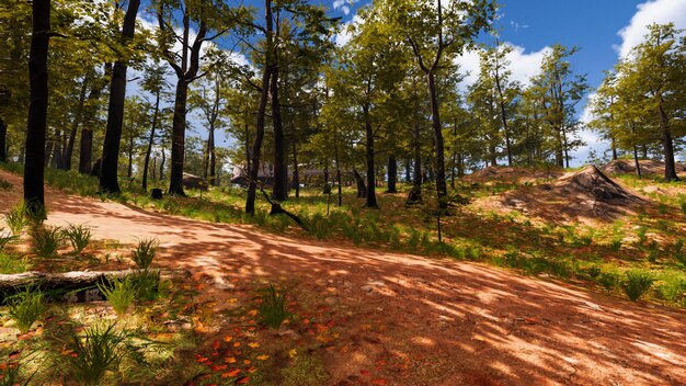 Su un sentiero di sabbia rossa che attraversa un rendering 3d di una foresta virtuale