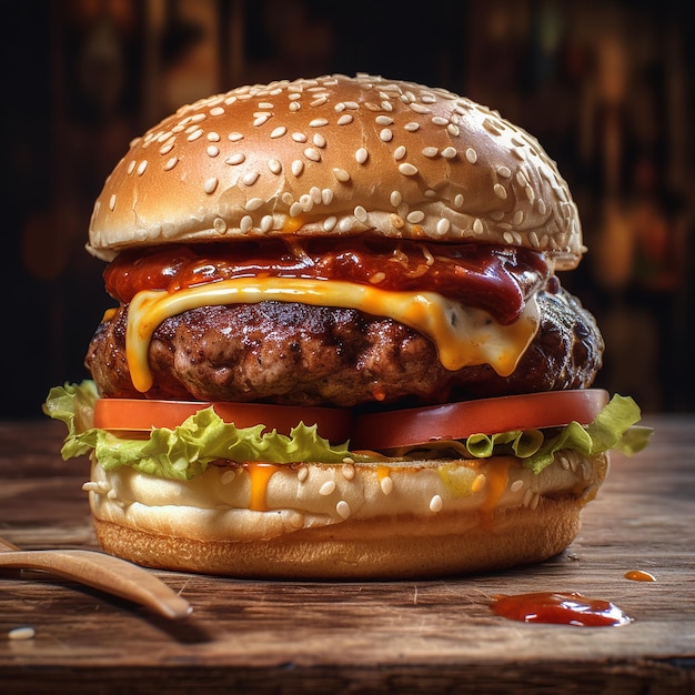 su un tavolo c'è un hamburger con formaggio e ketchup.