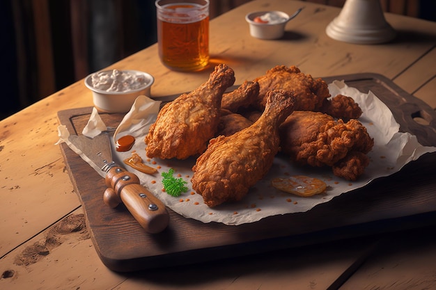 Su un tavolo di legno ci sono le ali di pollo fritte Cena di pollo del Kentucky impanata croccante e fritta