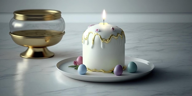 Su un tavolo di marmo bianco è raffigurata una deliziosa torta pasquale con una candela