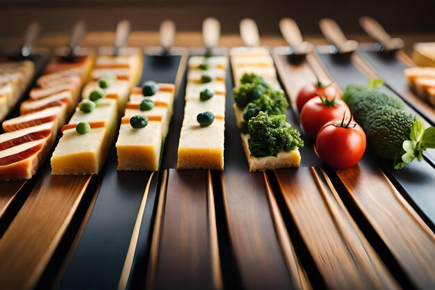 su un tavolo sono esposti una varietà di cibi tra cui broccoli, pomodori e sedano.