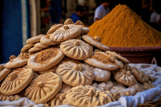 Su una bancarella del mercato un mucchio di fichi secchi ricoperti di farina di frumento
