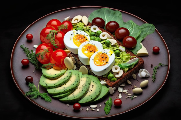 Su una fetta di pane abbrustolito assemblare un'insalata di pomodorini avocado a foglia verde chiaro