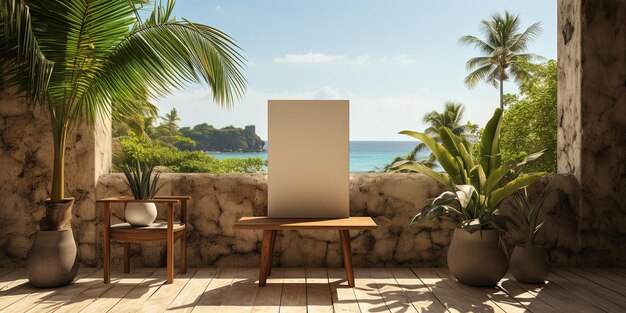 Su una parete beige è appesa una cornice di legno vuota, un modello di un poster vuoto per un pezzo d'arte all'aperto, una sovrapposizione interna minimalista di fogliame di palma ombreggiato in stile estivo.