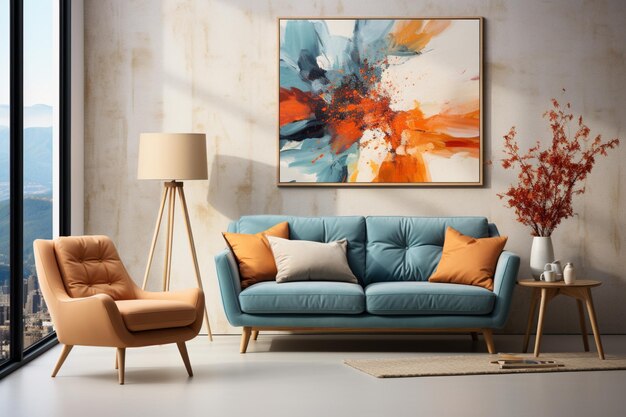 Su una parete bianca con manifesti d'arte c'è un divano azzurro e una poltrona in terracotta di interior design