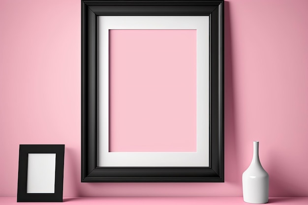 Su una parete rosa è appesa una cornice fotografica nera Modello per un mockup vuoto