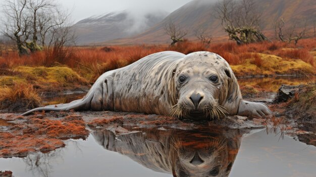 Su una roccia vicino all'acqua riposa una foca grigia IA generativa