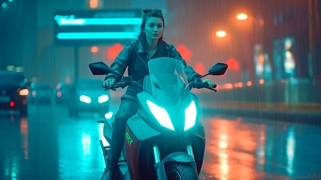 Su una strada bagnata e piovosa una donna straordinarie viaggia ad alta velocità su una moderna IA generativa luminosa