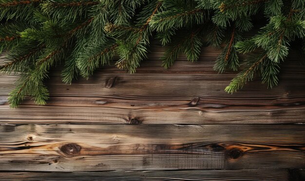 Su una superficie in legno strutturata, freschi rami di pino evocano una sensazione di tranquillità invernale e il fascino semplice della natura verde AI generativa