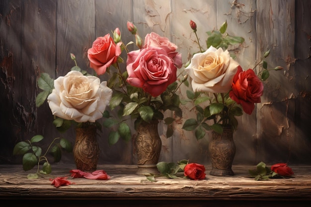 Su una tavola di legno tre dipinti di rose aggiungono un tocco di eleganza