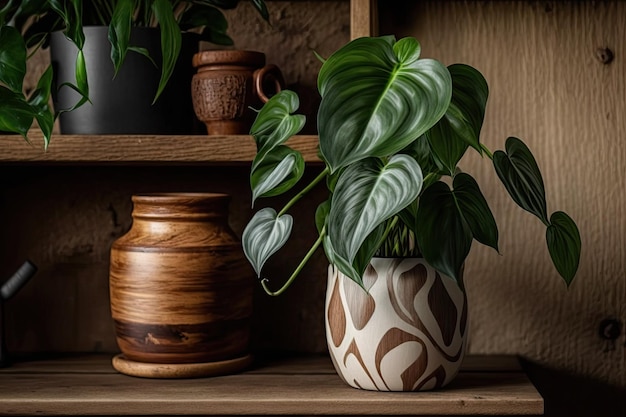 Su uno scaffale di legno c'è un filodendro in vaso