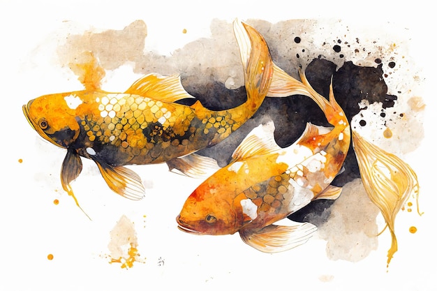 Su uno sfondo bianco disegno ad acquerello di diversi pesci carpa con vernice dorata IA generativa
