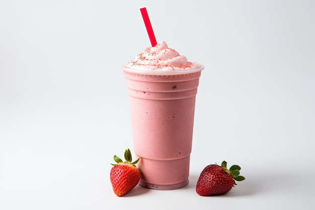 Su uno sfondo bianco puoi trovare una tazza da asporto contenente un latte alla fragola o al lampone