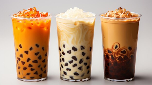 Su uno sfondo bianco tè al latte ghiacciato e bubble boba vengono serviti in un bicchiere di plasticaxA