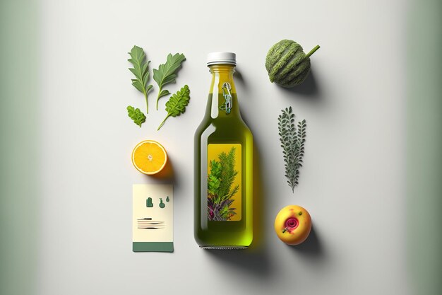 Su uno sfondo bianco una composizione flat lay presenta una bottiglia di ottimo succo detox e il suo contenuto