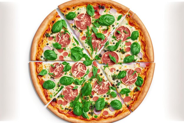 Su uno sfondo bianco una pizza con prosciutto rucola e verdure