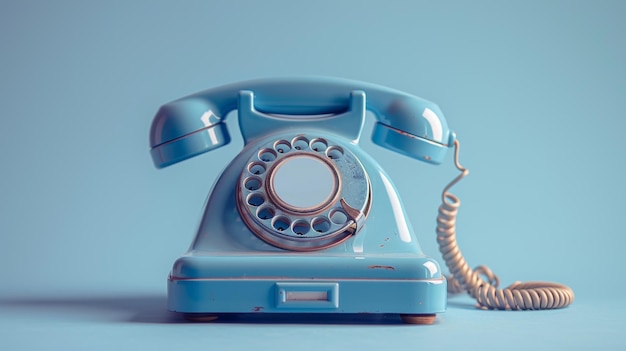 Su uno sfondo blu pastello un telefono vintage è visualizzato su un concetto di idea minima