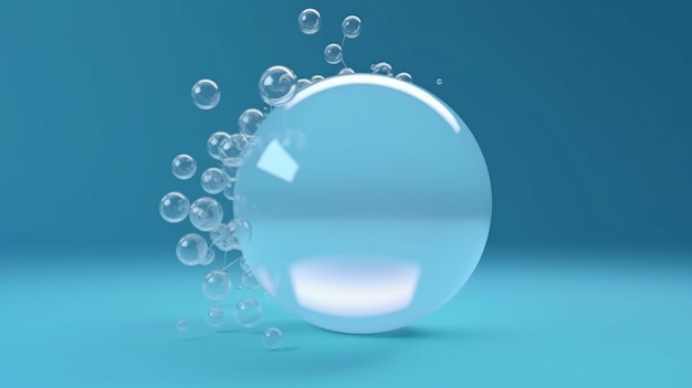 Su uno sfondo blu una molecola all'interno di una bolla rappresenta un cosmetico per la cura della pelle AI generativa