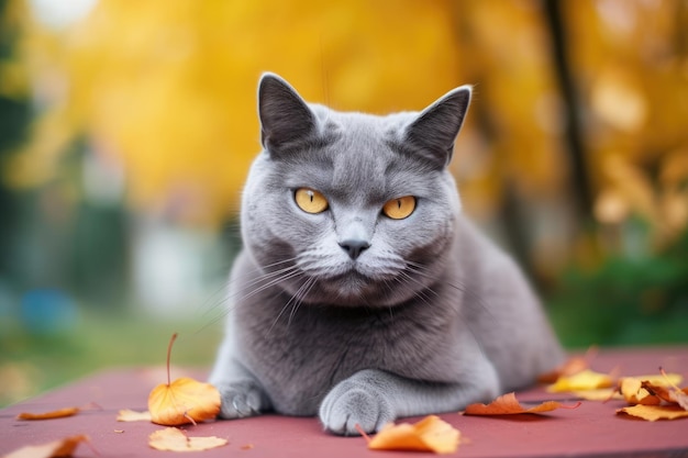 Su uno sfondo colorato autunno estate un divertente gatto grigio pone per la fotocamera