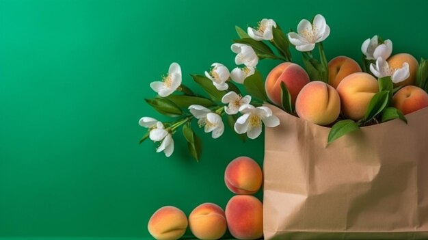 Su uno sfondo di albicocche verdi mature e fiori di giglio sono mostrati in un sacchetto di carta kraft nozione di acquisto senza sprechi