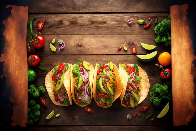 Su uno sfondo di legno tradizionali tacos messicani con carne e verdure