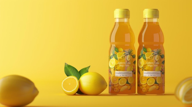 Su uno sfondo giallo due illustrazioni 3D di bottiglie di tè ghiacciato al limone una con etichette e una senza