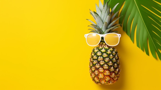 Su uno sfondo giallo vivido, ananas, cocco e crema solare con gli occhiali da sole GENERATE AI