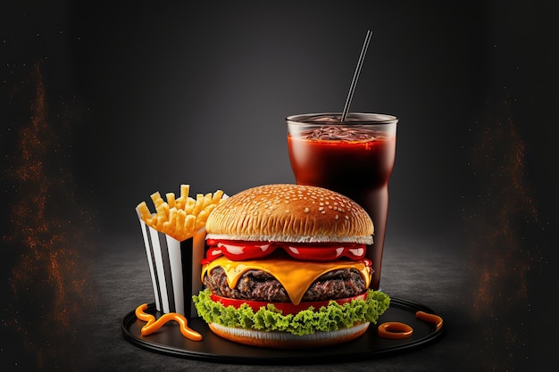 Su uno sfondo grigio si vedono un classico cheeseburger, patatine fritte e coca cola