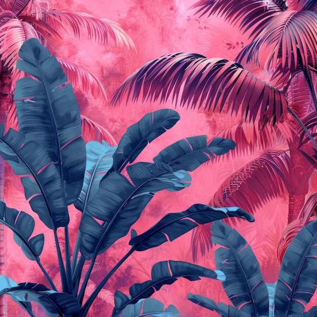 Su uno sfondo rosa ci sono foglie grafiche e palme