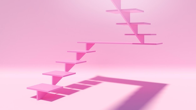 Su uno sfondo rosa con rendering 3d di scale 3d astratte a luce incidente