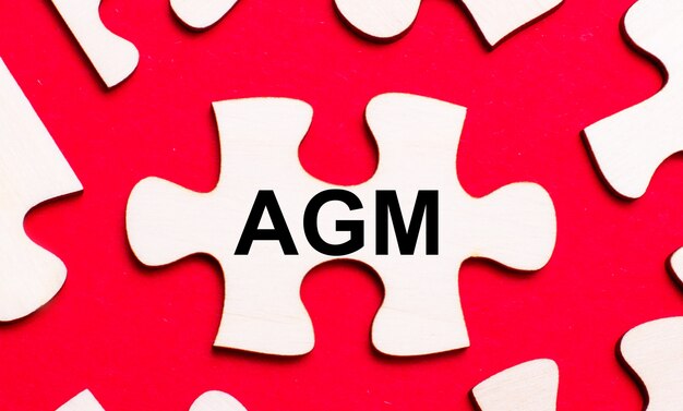 Su uno sfondo rosso brillante, puzzle bianchi. In uno dei pezzi del puzzle, il testo AGM Annual General Meeting