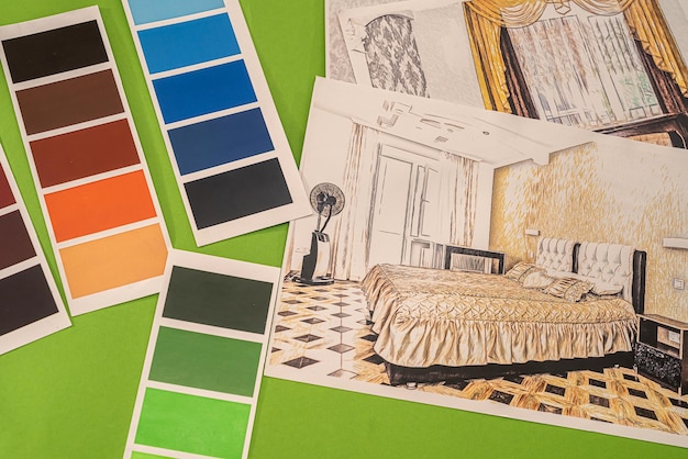 Su uno sfondo verde sono stati disposti campioni di tavolozze colorate e disegni della casa con una matita