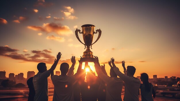 Successo del lavoro di squadra, raggiungimento congiunto dell'obiettivo negli affari e nella vita La squadra vincente tiene in mano il trofeo Sagome di molte mani al tramonto