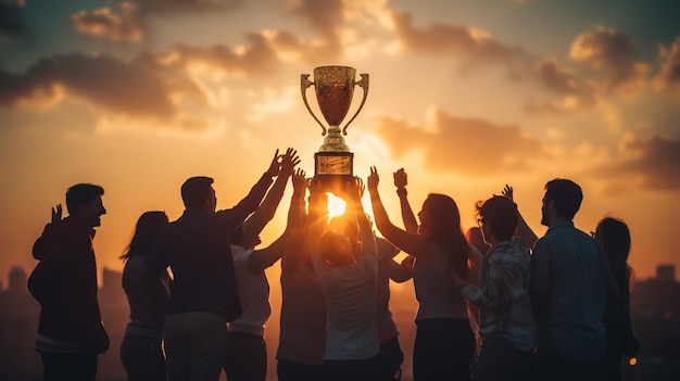 Successo del lavoro di squadra, raggiungimento congiunto dell'obiettivo negli affari e nella vita La squadra vincente tiene in mano il trofeo Sagome di molte mani al tramonto