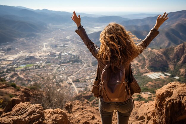 Successo donna escursionista escursionista sulla vetta della montagna all'alba Giovane donna con zaino sale alla cima della montagna Discovery Travel Destination Concept