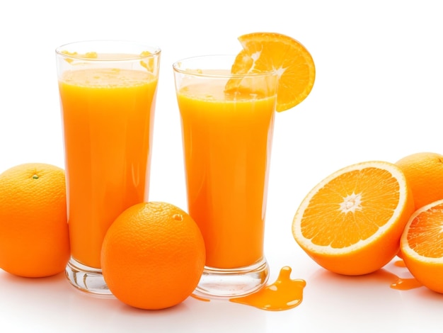 Succhi d'arancia isolati su priorità bassa bianca